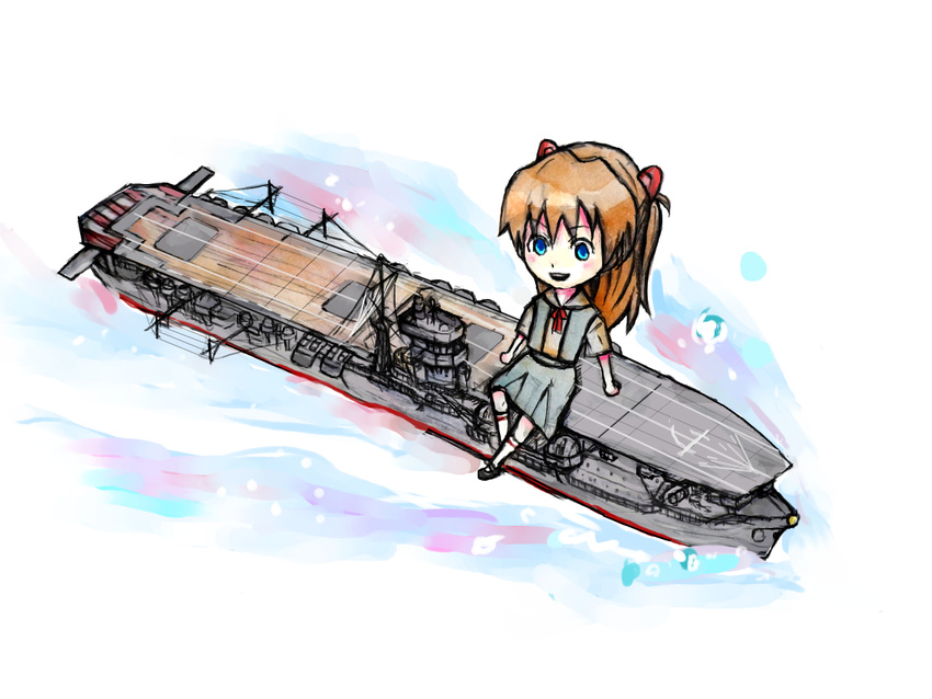 aircraft_carrier bad_id bad_pixiv_id chibi imperial_japanese_navy military military_vehicle neon_genesis_evangelion object_namesake on_vehicle school_uniform ship sitting solo souryuu_(aircraft_carrier) souryuu_asuka_langley warship watercraft world_war_ii zukkii_(german-empire118)