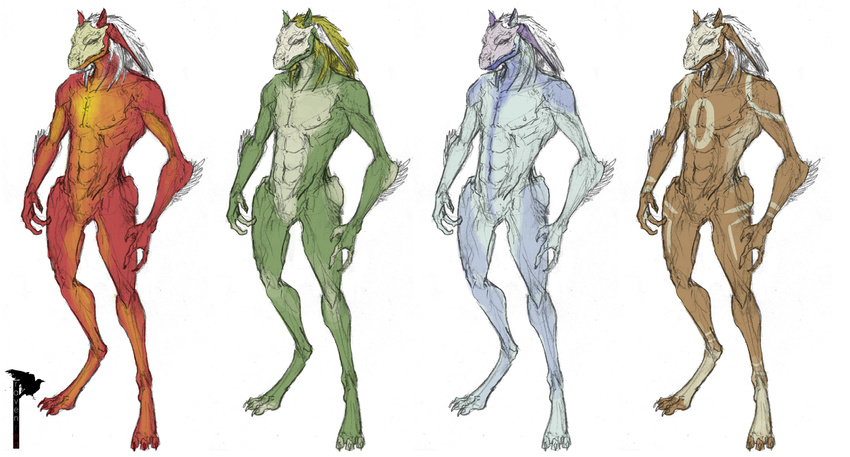 3_toes abs alien anthro avian bipedal blue blue_countershading blue_skin breasts brown brown_skin countershading crimson dinosaur dyed elbow_tufts feathers front_view full-length_portrait green green_countershading green_hair green_skin hair ketran male markings mask mixed_media nipples nude orange_countershading pencil_(art) plain_background pointy_ears raptor raven_red red_skin scalie sketch solo standing three-quarter_view traditional_media watercolor_(art) white_background white_feathers white_hair white_markings wide_hips