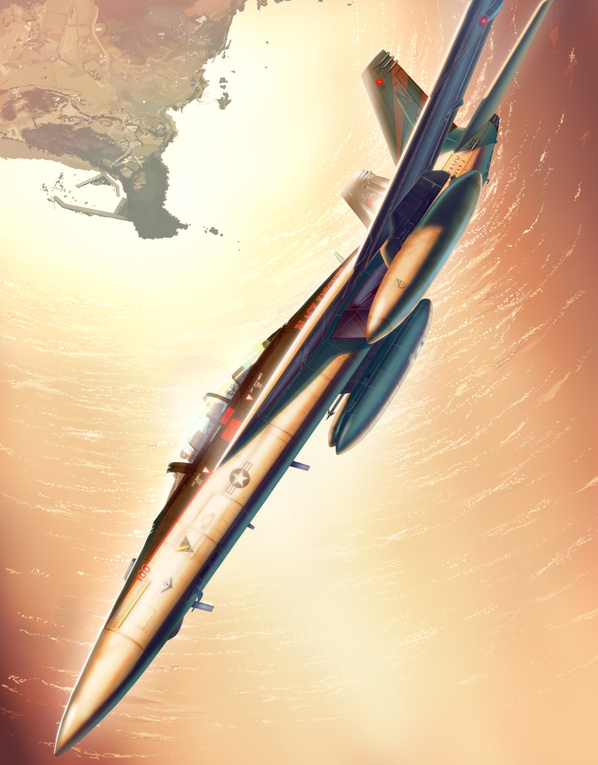 aim-9_sidewinder aircraft airplane amisu bad_id bad_pixiv_id drop_tank f-18_hornet fighter_jet flying highres jet military military_vehicle missile ocean operation_tomodachi pilot