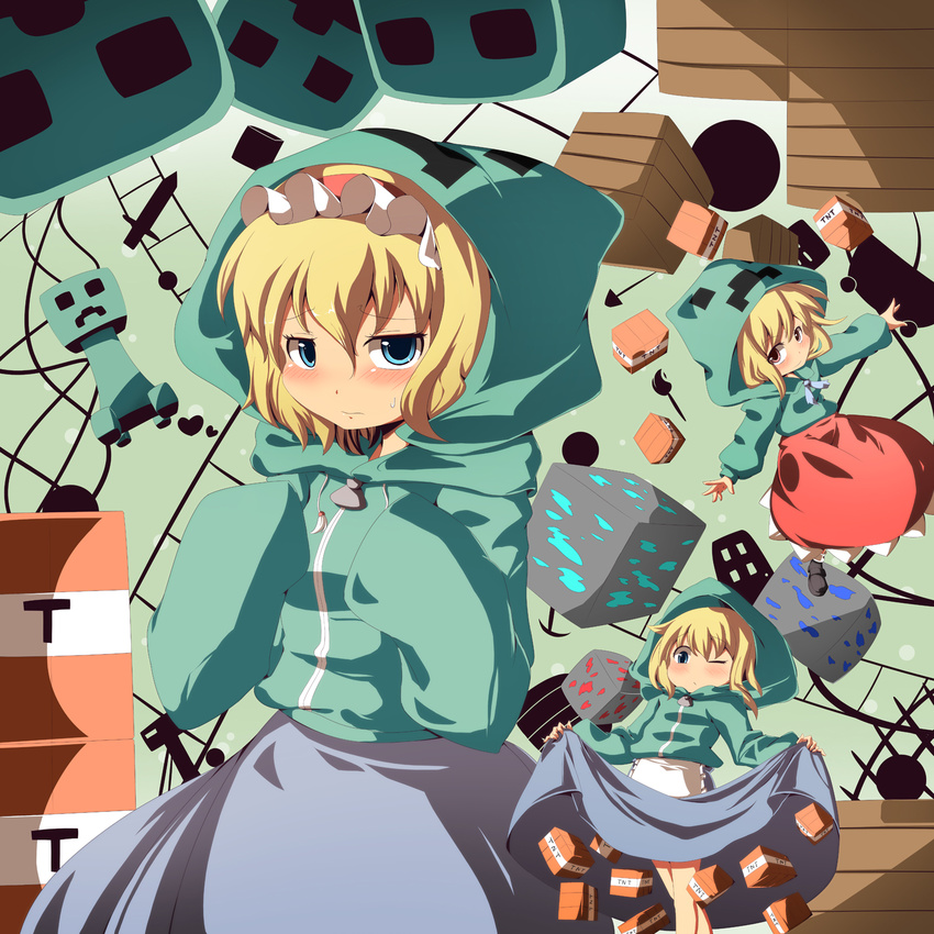 alice_margatroid blonde_hair blue_eyes blush creeparka creeper crossover hairband highres hood hoodie hourai_doll matching_hourai matching_shanghai meracle minecraft multiple_girls one_eye_closed red_eyes shanghai_doll short_hair skirt skirt_hold tnt touhou