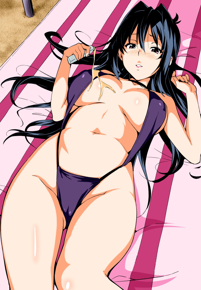 bangs beach beach_towel black_hair blush body_blush bottle breasts cameltoe clenched_hand colorized covered_nipples cowboy_shot from_above grin groin hair_between_eyes highres holding large_breasts lipstick long_hair looking_at_viewer lotion lying maken-ki! makeup md5_mismatch navel nijou_aki nose_blush official_art on_back outdoors pouring purple_eyes purple_swimsuit sexually_suggestive slingshot_swimsuit smile solo striped sunscreen swimsuit takeda_hiromitsu thigh_gap towel vertical_stripes very_long_hair