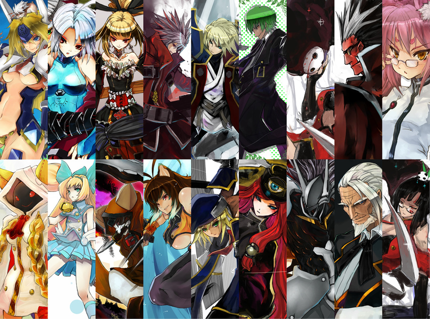 6+girls animal_ears animal_hood arakune blazblue blonde_hair cat_hood glasses gond green_hair hakumen hazama hood iron_tager jin_kisaragi jubei_(blazblue) kokonoe litchi_faye_ling makoto_nanaya mask mu-12 multiple_boys multiple_girls noel_vermillion nu-13 pink_hair platinum_the_trinity rachel_alucard ragna_the_bloodedge red_hair ribbon silver_hair squirrel_ears taokaka tsubaki_yayoi valkenhayn_r_hellsing