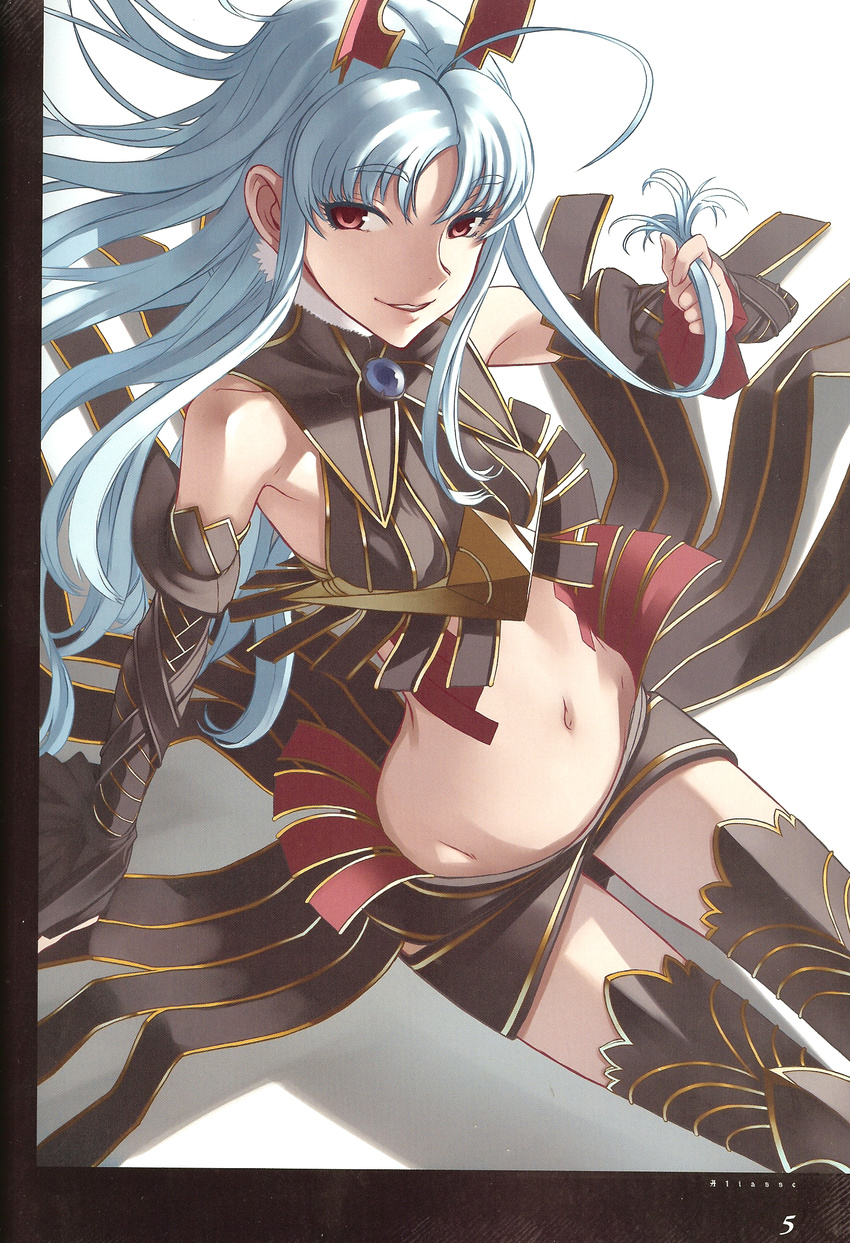 aliasse armpits breasts highres honjou_raita horns long_hair medium_breasts midriff navel official_art red_eyes senjou_no_valkyria senjou_no_valkyria_2 sideboob silver_hair solo thighhighs very_long_hair