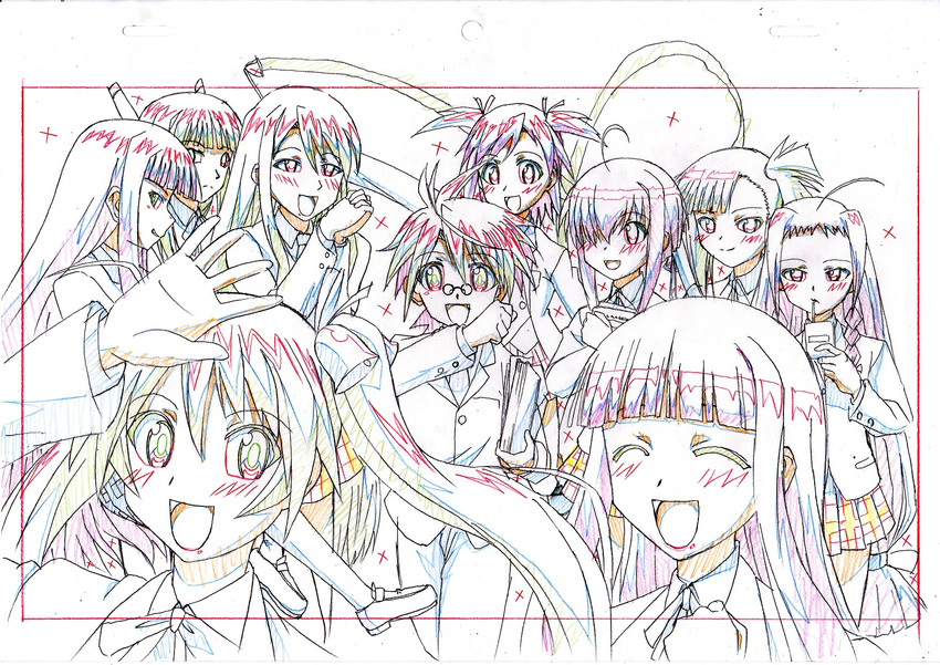 6+girls :d ahoge ayase_yue bad_id bad_pixiv_id bangs bell blunt_bangs book color_trace colored_pencil_(medium) evangeline_a_k_mcdowell glasses hair_over_one_eye hands_together highres kagurazaka_asuna karakuri_chachamaru kiyukiyutan konoe_konoka long_hair mahou_sensei_negima! miyazaki_nodoka monochrome multiple_girls negi_springfield open_mouth production_art sakurazaki_setsuna sasaki_makie side_ponytail smile traditional_media twintails yukihiro_ayaka