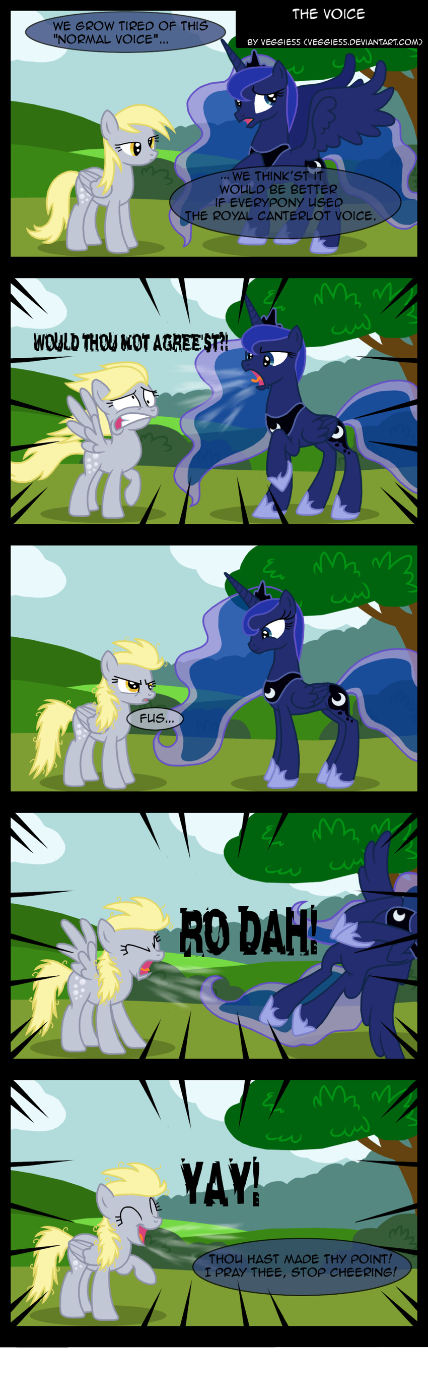 blonde_hair blue_body blue_eyes blue_hair bubble bush cloud comic crossover cutie_mark daytime derpy_hooves_(mlp) english_text equine eyelashes eyes_closed female feral friendship_is_magic fus_ro_dah grass grey_body hair happy hills horn humor mammal moon my_little_pony open_mouth pegasus princess_luna_(mlp) royalty shouting skyrim teeth text the_elder_scrolls the_elder_scrolls_v:_skyrim tongue tree veggie55 video_games wing_boner winged_unicorn wings wood yellow_eyes