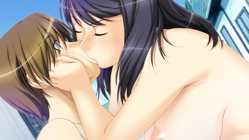 black_hair breasts game_cg ino kiss nipples sister_scheme_2 yanagawa_misaki