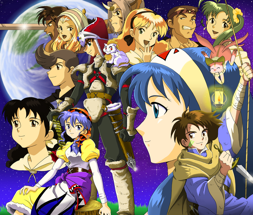 6+girls :d alex_noah blonde_hair blue_hair brown_hair cloak collarbone everyone fighting_stance glint glowing green_hair hairband highres hiro_(lunar) holding holding_sword holding_weapon jean_(lunar) jessica_de_alkirk jewelry kyle_(lunar) lantern lemina_ausa leo_(lunar) light lucia_(lunar) luna_noah lunar lunar:_the_silver_star lunar_2:_eternal_blue mia_ausa mikiky multiple_boys multiple_girls nall_(lunar) nash_rumack necklace open_mouth pendant profile ronfar_(lunar) ruby_(lunar) scarf smile sword upper_body weapon yellow_scarf