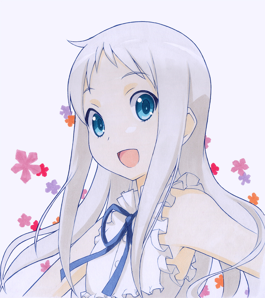 ano_hi_mita_hana_no_namae_wo_bokutachi_wa_mada_shiranai. armpits blue_eyes face highres honma_meiko long_hair looking_at_viewer marker_(medium) millipen_(medium) open_mouth outstretched_arms shirohebidou silver_hair smile solo spread_arms traditional_media upper_body