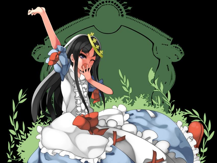 arm_up black_hair blue_eyes crown dress irodori_(irotoridori) long_hair marchen one_eye_closed schneewittchen solo sound_horizon stretch yawning