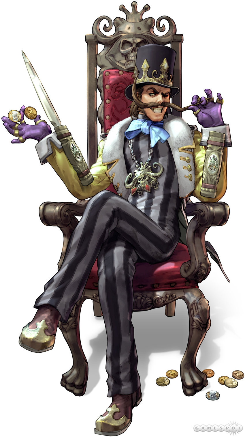 blade bodysuit brown_hair coin crossed_legs facial_hair geo_dampierre gloves grin hat hidden_blade highres jewelry kawano_takuji male_focus mustache official_art raised_eyebrow ring sitting smile solo soulcalibur soulcalibur_v striped throne top_hat watermark weapon