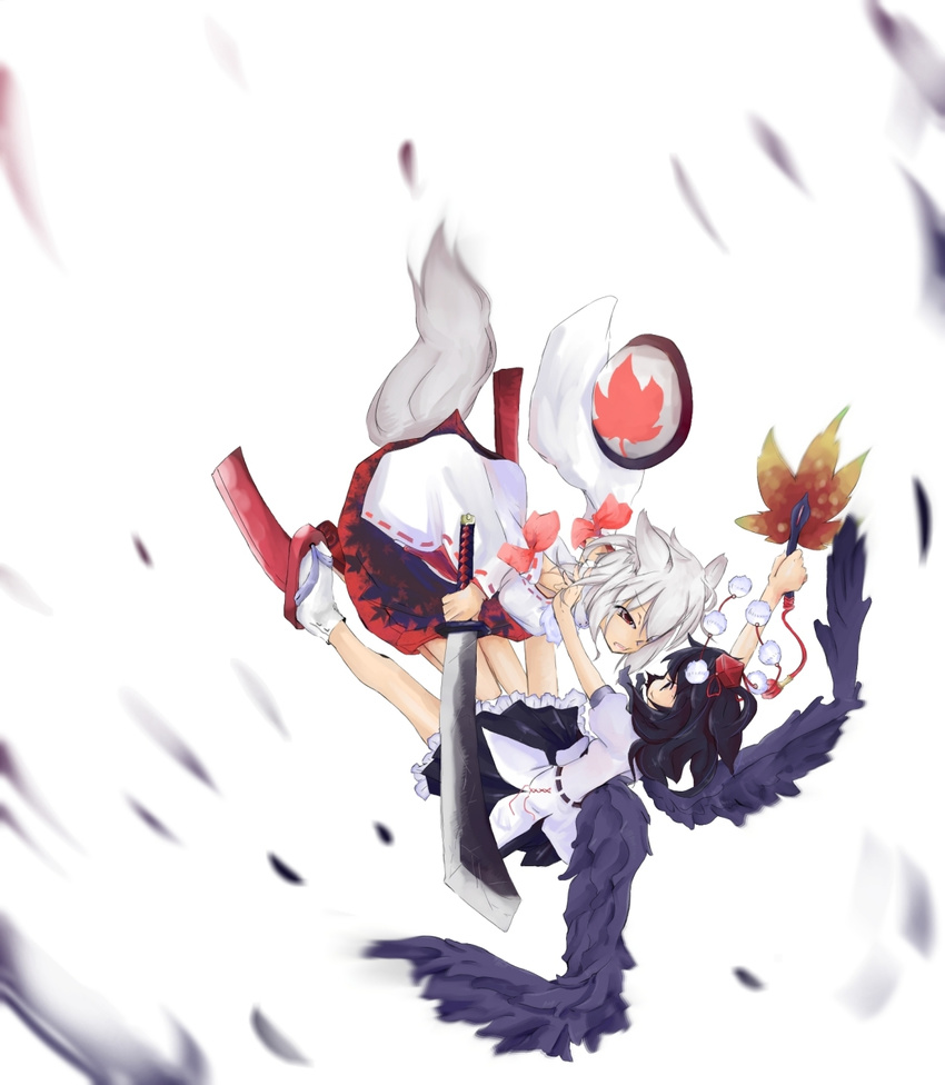 animal_ears battle black_hair black_wings detached_sleeves duel geta hat highres inubashiri_momiji multiple_girls nazo red_eyes shameimaru_aya short_hair silver_hair skirt sword tail tengu-geta tokin_hat touhou weapon wings wolf_ears wolf_tail