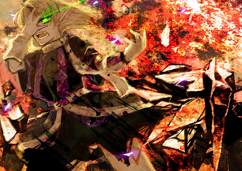 blonde_hair colorful fingernails glowing glowing_eye green_eyes hand_on_own_face ibitsu long_fingernails md5_mismatch mizuhashi_parsee open_mouth orange_(color) short_hair solo touhou