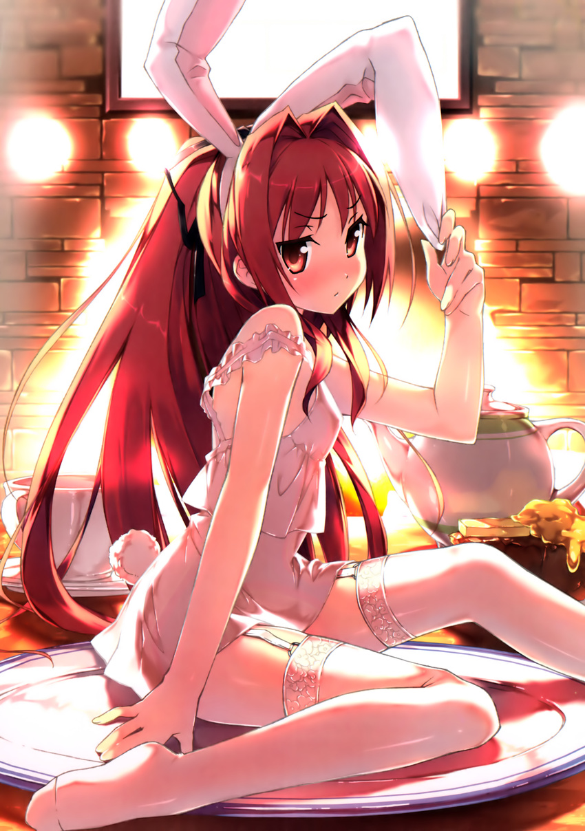 absurdres animal_ears annoyed blush bunny_ears closed_mouth corticarte_apa_lagranges cup fake_animal_ears frills garter_straps hair_intakes highres kantoku long_hair minigirl on_plate oversized_object plate red_eyes red_hair shinkyoku_soukai_polyphonica sitting solo strap_slip teacup teapot thighhighs very_long_hair