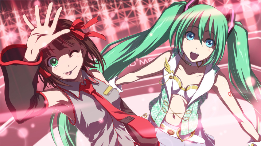 :p amami_haruka aqua_eyes armpits blue_hair brown_hair cosplay costume_switch crossover green_eyes hair_ribbon hatsune_miku idol idolmaster idolmaster_(classic) iga_tomoteru long_hair multiple_girls necktie one_eye_closed ribbon smile tongue tongue_out twintails vocaloid