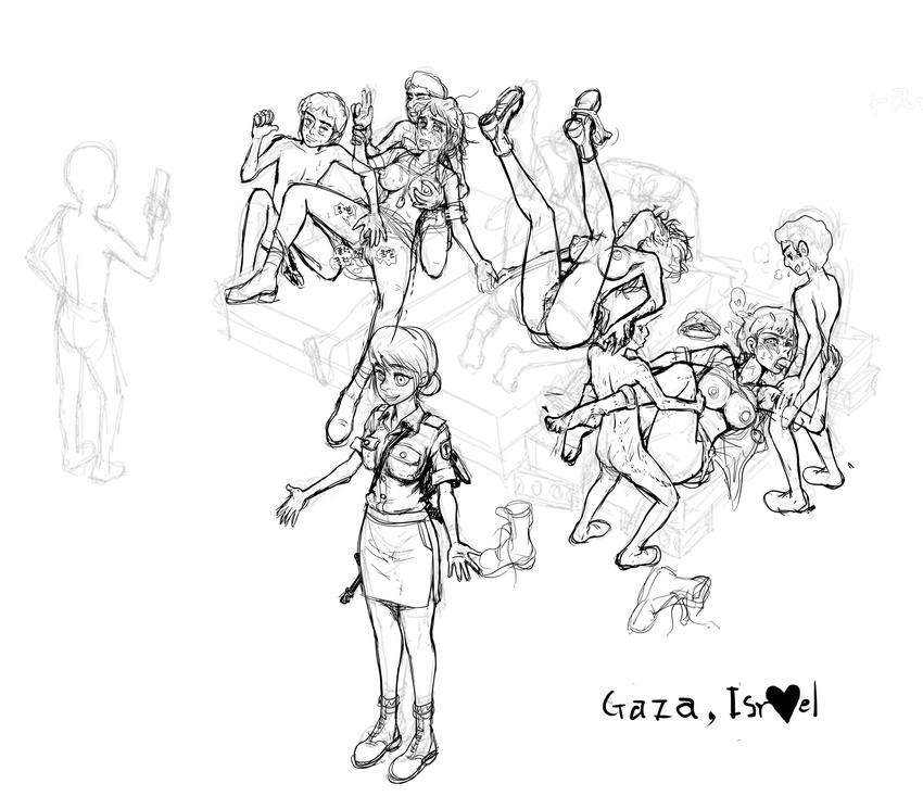 4girls 6+boys boots female_soldier gangbang gogocherry group_sex highres israel korean military monochrome multiple_boys multiple_girls orgy palestine panties panties_around_leg pubic_hair public_use sex shirt_lift sketch soldier spitroast tears uncensored underwear uniform woman woman_soldier womansoldier