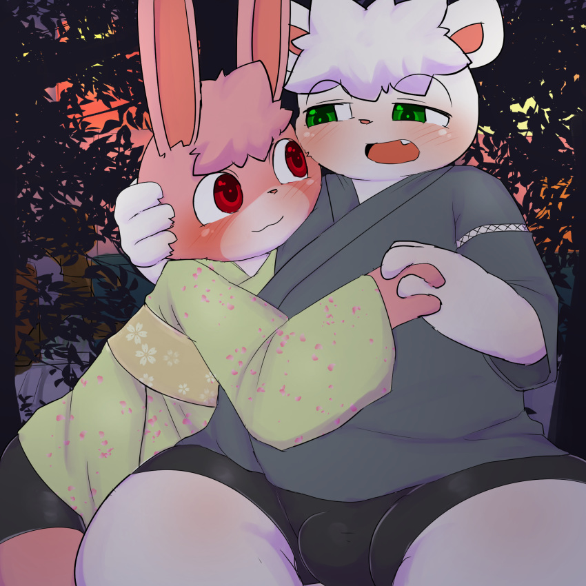 2018 anthro bulge clothed clothing duo lagomorph male mammal mixeeeel open_mouth rabbit ursine