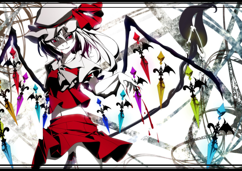 ascot bad_id bad_pixiv_id blood blood_on_face crystal fingernails flandre_scarlet grin hat highres laevatein looking_at_viewer matsuyama_nozomu midriff navel no_panties no_pussy red_eyes ribbon sharp_fingernails short_hair side_ponytail skirt slit_pupils smile solo spot_color touhou wings