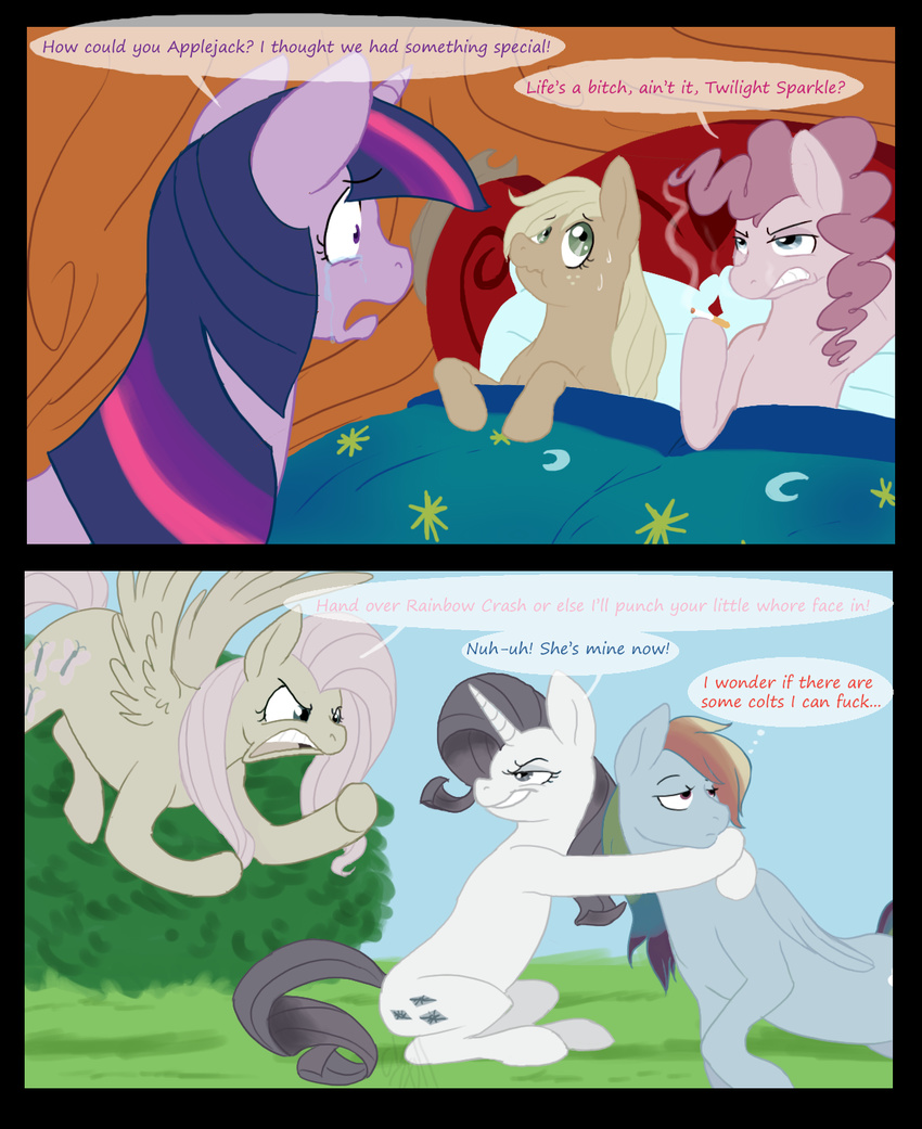 applejack_(mlp) blonde_hair blue_eyes bored cartoonlion cigarette comic cutie_mark english_text equine female feral fluttershy_(mlp) freckles friendship_is_magic green_eyes grey group hair horn horse in_bed lesbian lie long_hair mammal multi-colored_hair my_little_pony pegasus pink_hair pinkie_pie_(mlp) pony purple_eyes rainbow_dash_(mlp) rarity_(mlp) short_hair smoke sweat tail tears text twilight_sparkle_(mlp) unicorn wings