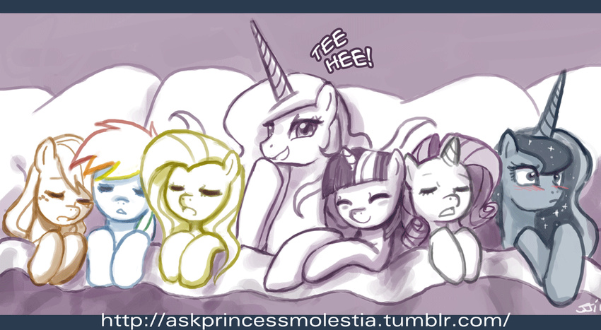 alicorn bed blonde_hair blush cute equine female feral fluttershy_(mlp) friendship_is_magic group hair happy horn horse john_joseco lesbian long_hair mammal my_little_pony pegasus pillow pony princess_celestia_(mlp) princess_luna_(mlp) rainbow_dash_(mlp) rarity_(mlp) red_hair short_hair sleeping smile sparkle tee_hee tumblr twilight_sparkle_(mlp) unicorn wings