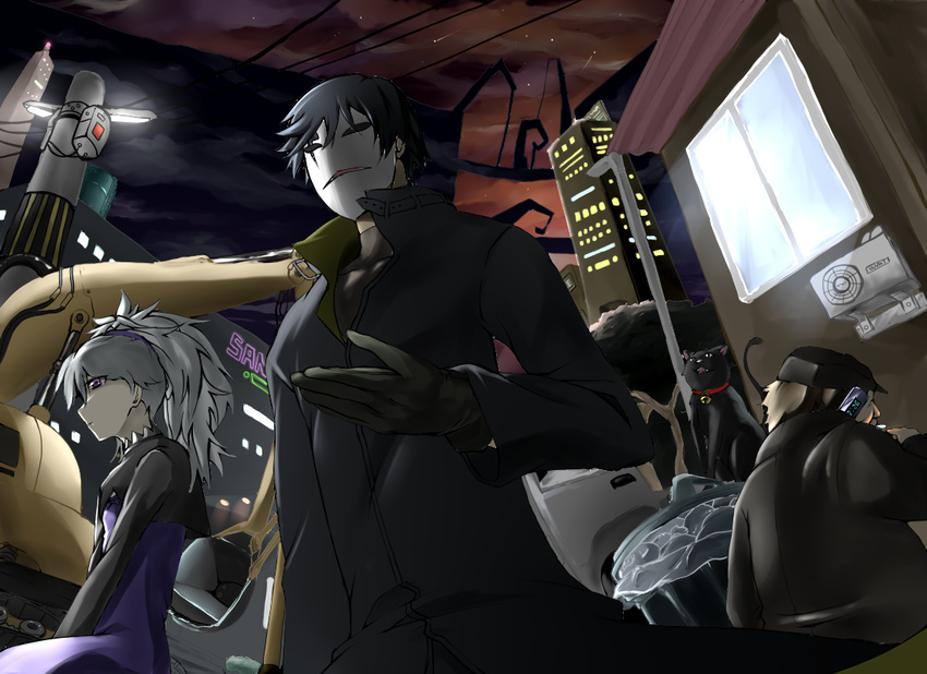 1girl 3boys black_cat black_cat_(animal) black_gloves black_hair cat darker_than_black gloves hat hei huang mao_(darker_than_black) mask multiple_boys trench_coat trenchcoat turtleneck yin