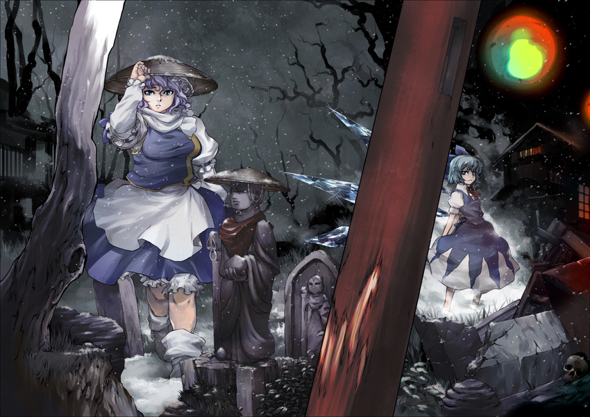 absurdres apron blue_dress blue_eyes blue_hair bow cirno dress hair_bow hand_on_headwear hat highres house letty_whiterock multiple_girls scarf shirt skull snowing statue tomotsuka_haruomi touhou tree wings