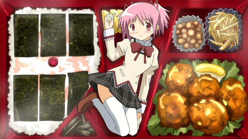 beans ben-tou blush bow food fried_chicken g3pen hair_ribbon kaname_madoka loafers mahou_shoujo_madoka_magica obentou parody pink_eyes pink_hair plaid plaid_skirt puffy_sleeves red_ribbon ribbon rice school_uniform seaweed seiyuu_connection shoes skirt solo takuan thighhighs white_legwear yuuki_aoi zettai_ryouiki