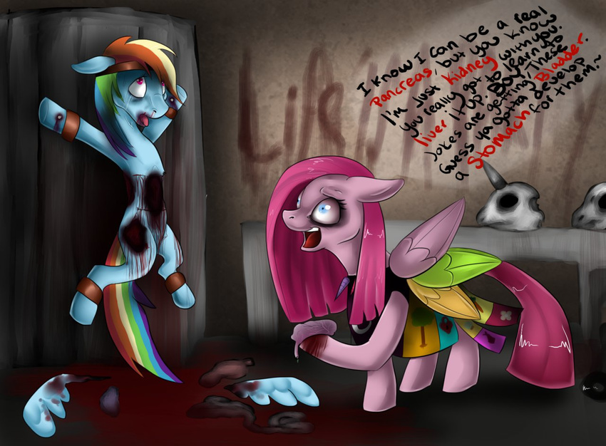 couple cupcakes_(mlp_fanfic) dead dialog dialogue equine female feral friendship_is_magic gore horse mammal my_little_pony nightmare_fuel organs pinkamena_(mlp) pinkie_pie_(mlp) pony rainbow_dash_(mlp) skull text wings