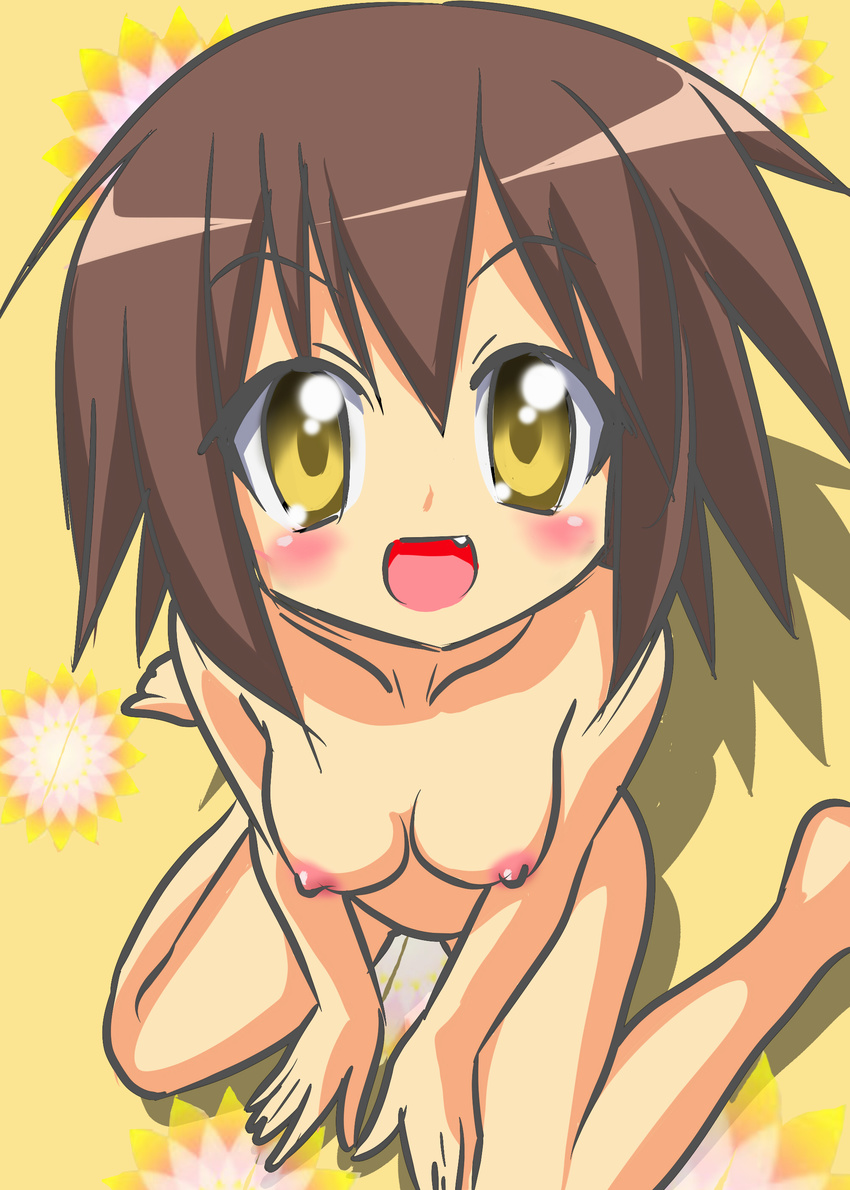 absurdres blush breasts brown_hair fang highres kusakabe_misao lucky_star nipples nude open_mouth satoda_shouji yellow_eyes