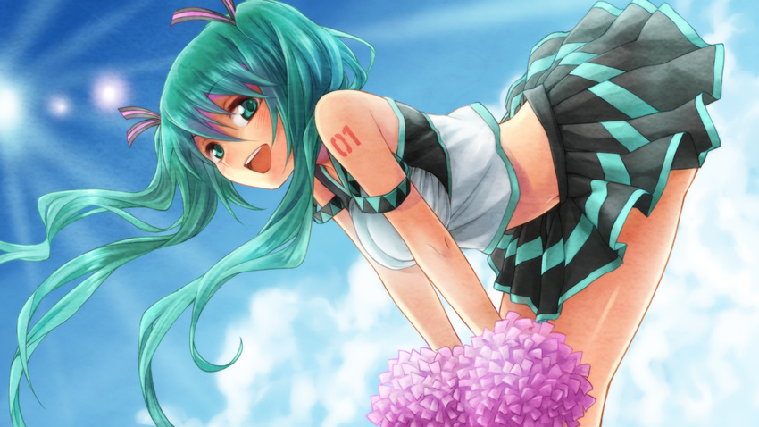 :d adapted_costume aqua_eyes aqua_hair bare_shoulders bent_over blush cheerleader day hatsune_miku highres long_hair looking_at_viewer midriff navel open_mouth pom_poms skirt sky smile solo tattoo twintails underwear very_long_hair vocaloid wallpaper yakusa