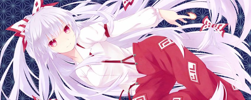 bow dress_shirt fire fujiwara_no_mokou hair_bow kai_aki light_smile long_hair off_shoulder red_eyes shirt silver_hair solo suspenders touhou very_long_hair