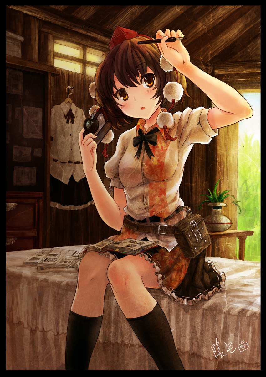 absurdres arm_up bad_id bad_pixiv_id bed belt black_legwear book brown_hair bunbunmaru camera cupboard dress_shirt expressionless hat head_tilt highres kneehighs leaf looking_at_viewer maple_leaf newspaper open_book open_mouth patterned pen plant room shameimaru_aya shirt short_hair signature sitting skirt socks solo tokin_hat touhou vase white_shirt yellow_eyes yinzhai