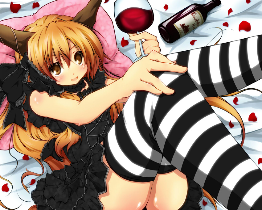 alcohol bottle brown_eyes glass gothic_lolita hair_ribbon haruyonoto horns ibuki_suika lace lolita_fashion long_hair lying on_back orange_hair petals pillow ribbon solo striped striped_legwear thighhighs touhou wine