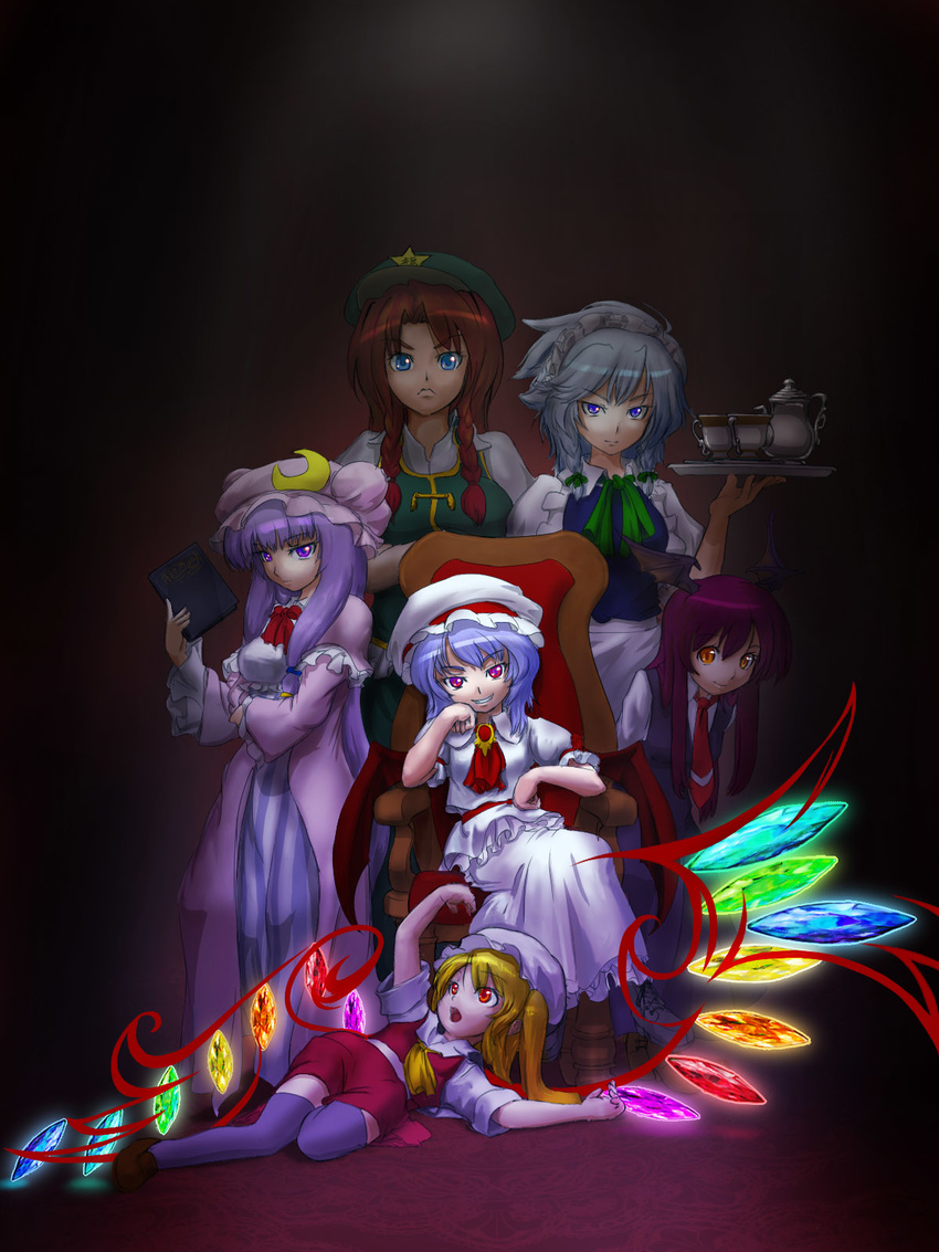 bangs beret blonde_hair blunt_bangs braid crescent crystal flandre_scarlet glowing hat highres hong_meiling izayoi_sakuya koakuma long_sleeves looking_at_viewer magure_(artist) multiple_girls patchouli_knowledge puffy_short_sleeves puffy_sleeves purple_hair red_eyes red_hair remilia_scarlet short_hair short_sleeves sidelocks silver_hair the_embodiment_of_scarlet_devil throne touhou tray twin_braids
