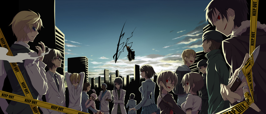 6+girls abaraya arm_hug arms_behind_head bad_id bad_pixiv_id bartender building caution_tape celty_sturluson cigarette city cloud couple durarara!! everyone harima_mika heiwajima_shizuo highres kadota_kyouhei keep_out kida_masaomi kishitani_shinra labcoat multiple_boys multiple_girls orihara_izaya orihara_kururi orihara_mairu red_eyes ryuugamine_mikado school_uniform scythe siblings simon_brezhnev sisters sky smoke sonohara_anri stalker sunglasses switchblade yagiri_namie yagiri_seiji