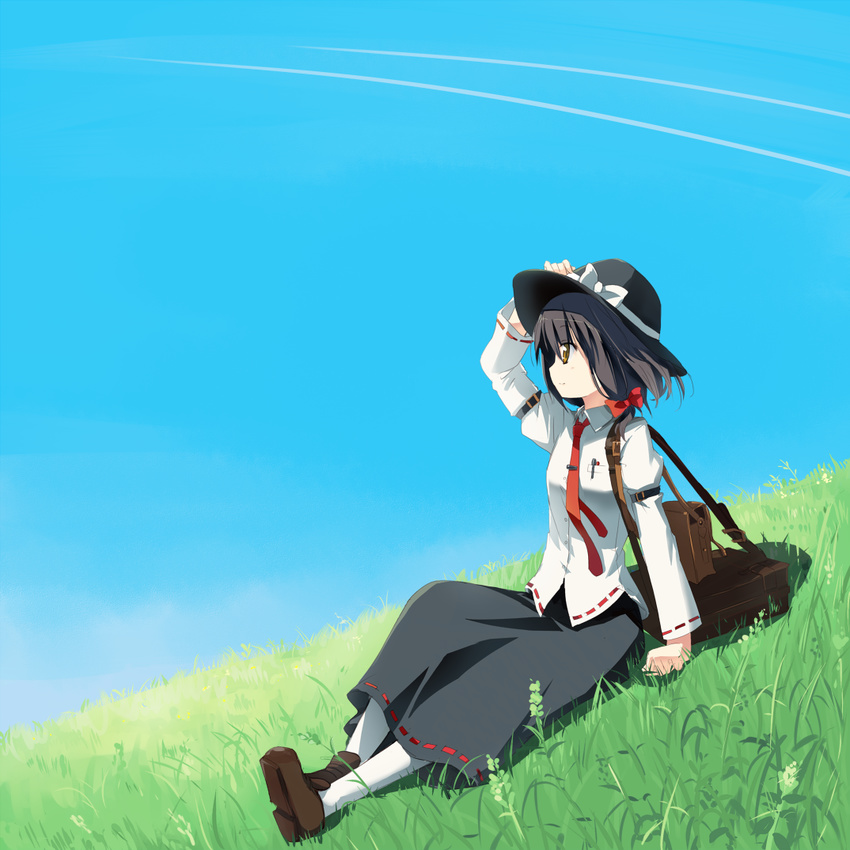 arm_support bag black_hair briefcase day gochou_(atemonai_heya) hand_on_headwear hat meadow necktie sitting sky solo touhou usami_renko wind yellow_eyes