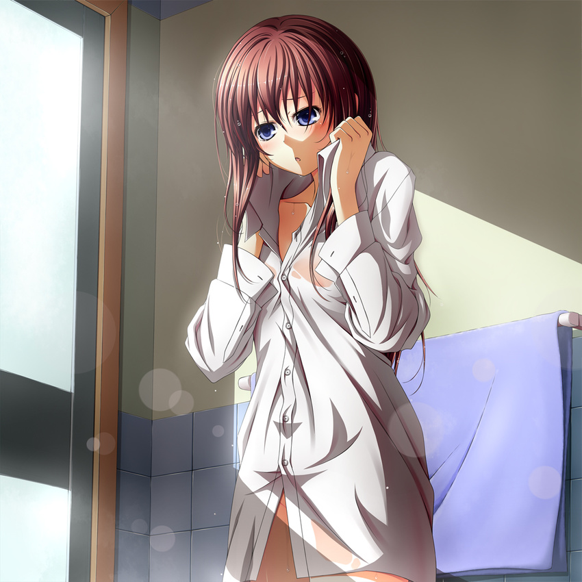 :o bad_id bad_pixiv_id bangs bathroom blue_eyes blush brown_hair buttons dress_shirt hair_over_eyes hanamaru_youchien indoors long_sleeves looking_away naked_shirt nekoro see-through shirt solo tiles towel towel_rack tsuchida_satsuki wet white_shirt