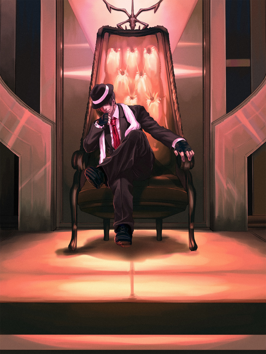 alternate_costume brown_hair crossed_legs fedora fingerless_gloves formal gangster gloves hat highres katou_teppei leon_s_kennedy mafia male_focus necktie pants resident_evil resident_evil_4 scarf sitting smile solo suit throne