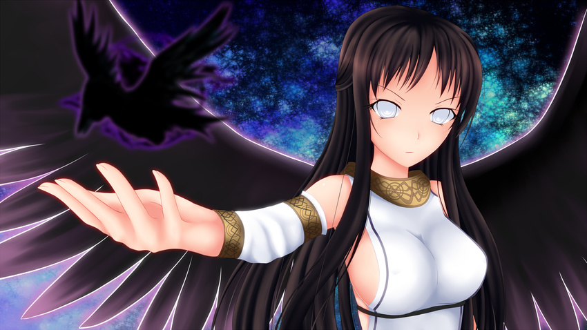 angel_wings bad_id bad_pixiv_id bird black_hair black_wings breasts detached_sleeves dress half_updo highres large_breasts long_hair mabinogi morrighan outstretched_hand rain_(rain910) sideboob white_eyes wings