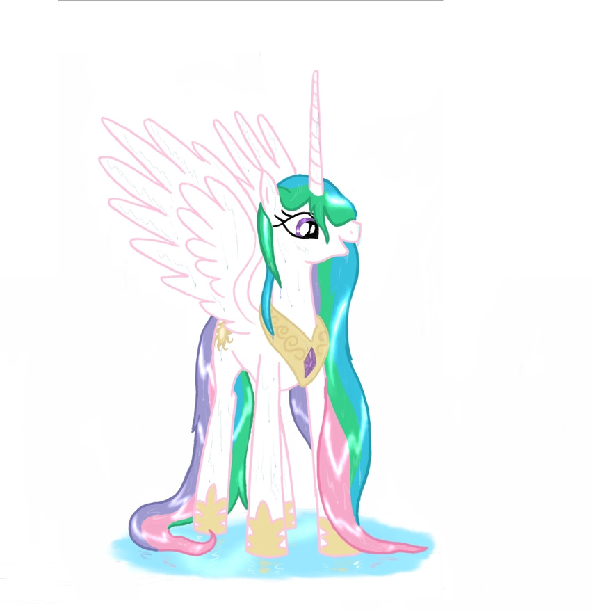 alicorn equine female feral friendship_is_magic groovebird hair horn horse long_hair mammal multi-colored_hair my_little_pony pegacorn plain_background pony princess princess_celestia_(mlp) royalty solo tail wet wet_hair winged_unicorn wings