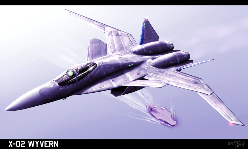 ace_combat_04 aircraft aircraft_carrier airplane fighter_jet flying isaf jet letterboxed military military_vehicle no_humans ocean pilot ship signature warship watercraft x-02_wyvern zephyr164