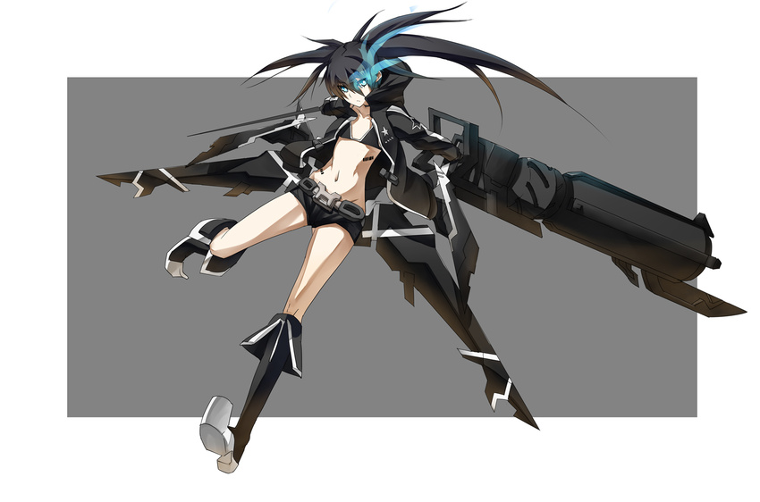 arm_cannon bikini_top black_hair black_rock_shooter black_rock_shooter_(character) black_rock_shooter_(game) blue_eyes boots burning_eye glowing highres long_hair midriff navel shorts solo tsuuhan twintails weapon