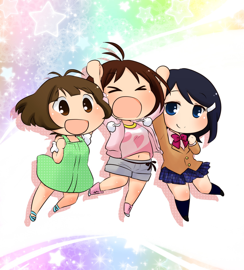 &gt;_&lt; 2girls :d akizuki_ryou antenna_hair blue_eyes blue_hair brown_eyes brown_hair chibi closed_eyes dearly_stars hidaka_ai highres idolmaster idolmaster_dearly_stars maiko_(yoshida308) midriff mizutani_eri multiple_girls open_mouth otoko_no_ko smile unmoving_pattern