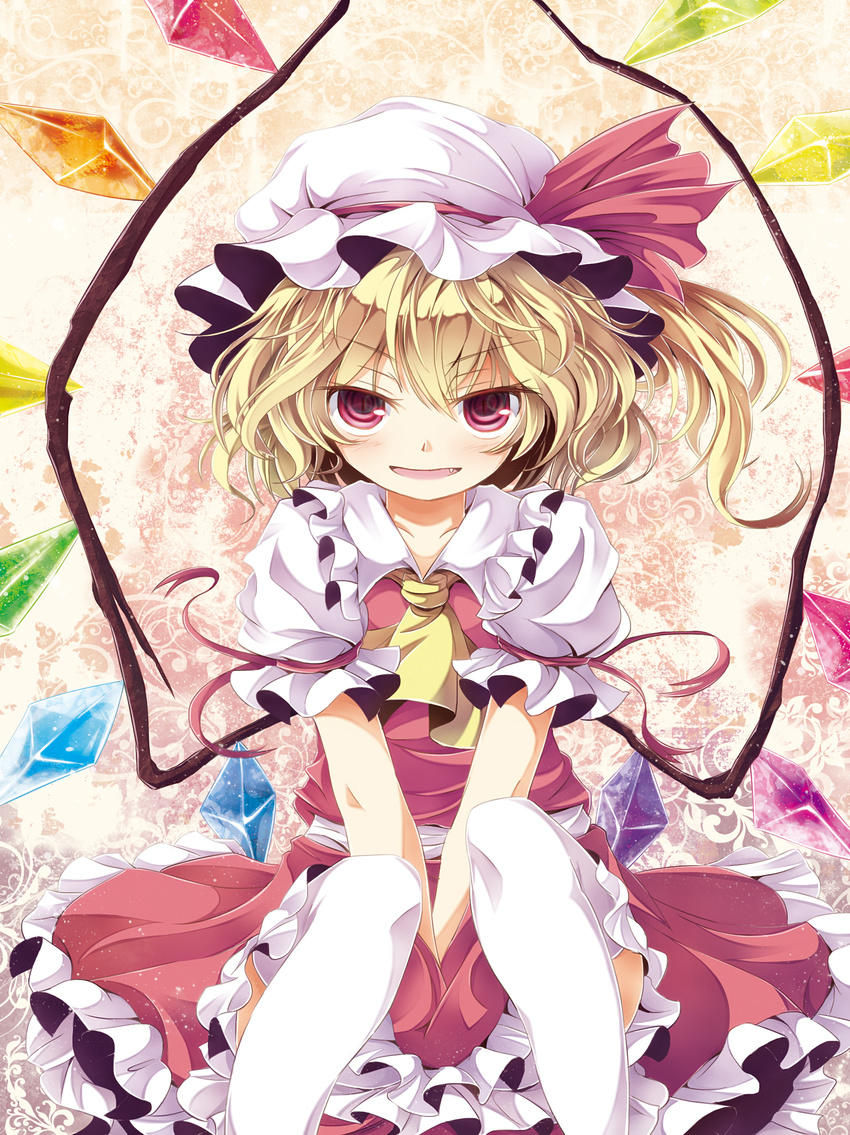 ascot bad_id bad_pixiv_id between_legs blonde_hair blush fang flandre_scarlet hand_between_legs hands_together hat highres looking_at_viewer own_hands_together red_eyes short_hair side_ponytail sitting solo tamago_gohan thighhighs touhou white_legwear wings
