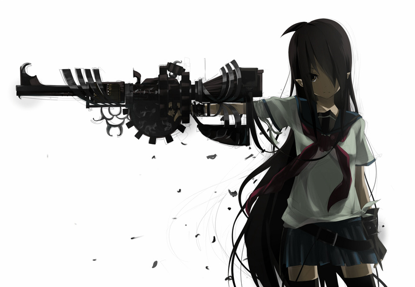 bad_id bad_pixiv_id belt black_hair brown_eyes brown_hair elf fingerless_gloves gloves gun hair_over_one_eye long_hair machine_gun ogipote original pointy_ears school_uniform skirt solo thighhighs weapon