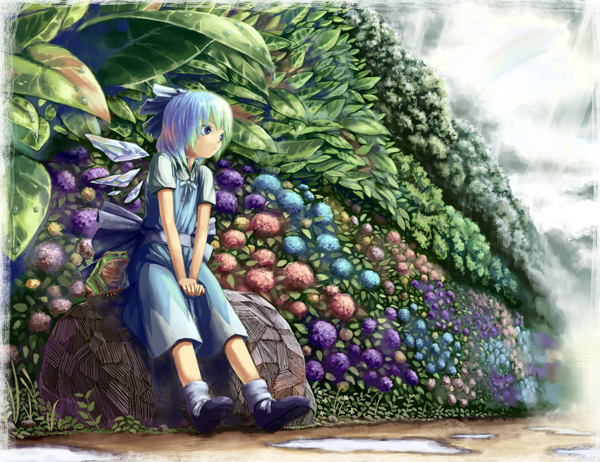 aratama bad_id bad_pixiv_id blue_eyes blue_hair bow cirno flower frog gradient_hair green_hair hair_bow hydrangea multicolored_hair puddle rainbow rock sitting sitting_on_object solo touhou v_arms wings