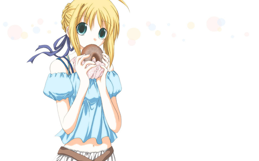 ahoge artoria_pendragon_(all) blonde_hair blurry bokeh depth_of_field doughnut fate/stay_night fate_(series) food green_eyes kanade_(wakamest) navel saber simple_background solo white_background