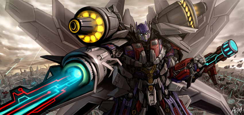 autobot blue_eyes cloud commentary cybertron dual_wielding flying fusion glowing glowing_eyes gun highres holding huge_weapon jetfire mecha no_humans optimus_prime robot science_fiction sky solo space_craft spoilers transformers weapon