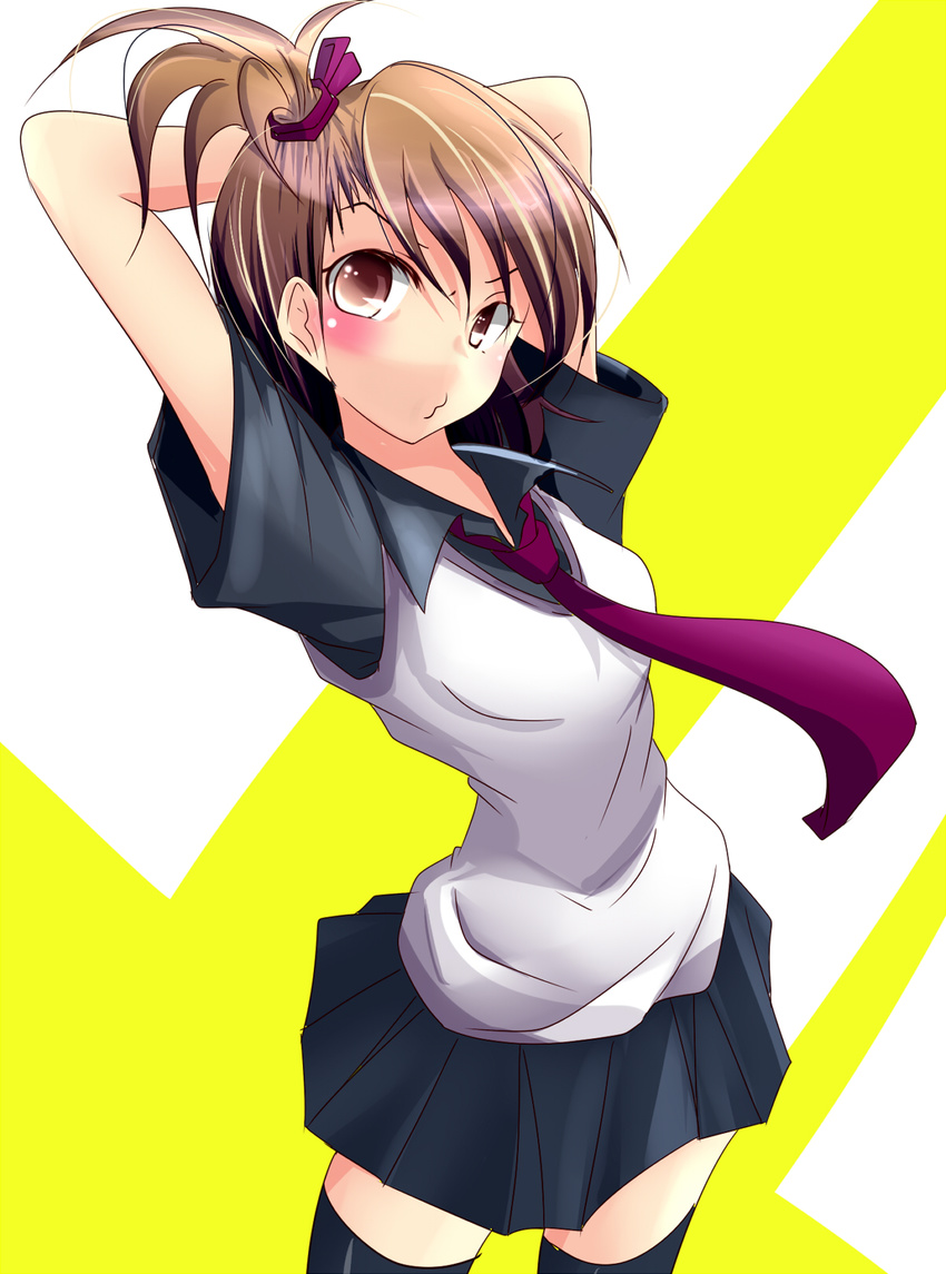 arms_behind_head bad_id bad_pixiv_id blush futami_ami highres idolmaster idolmaster_(classic) idolmaster_2 natsu_(anta_tte_hitoha) necktie side_ponytail skirt solo thighhighs vest