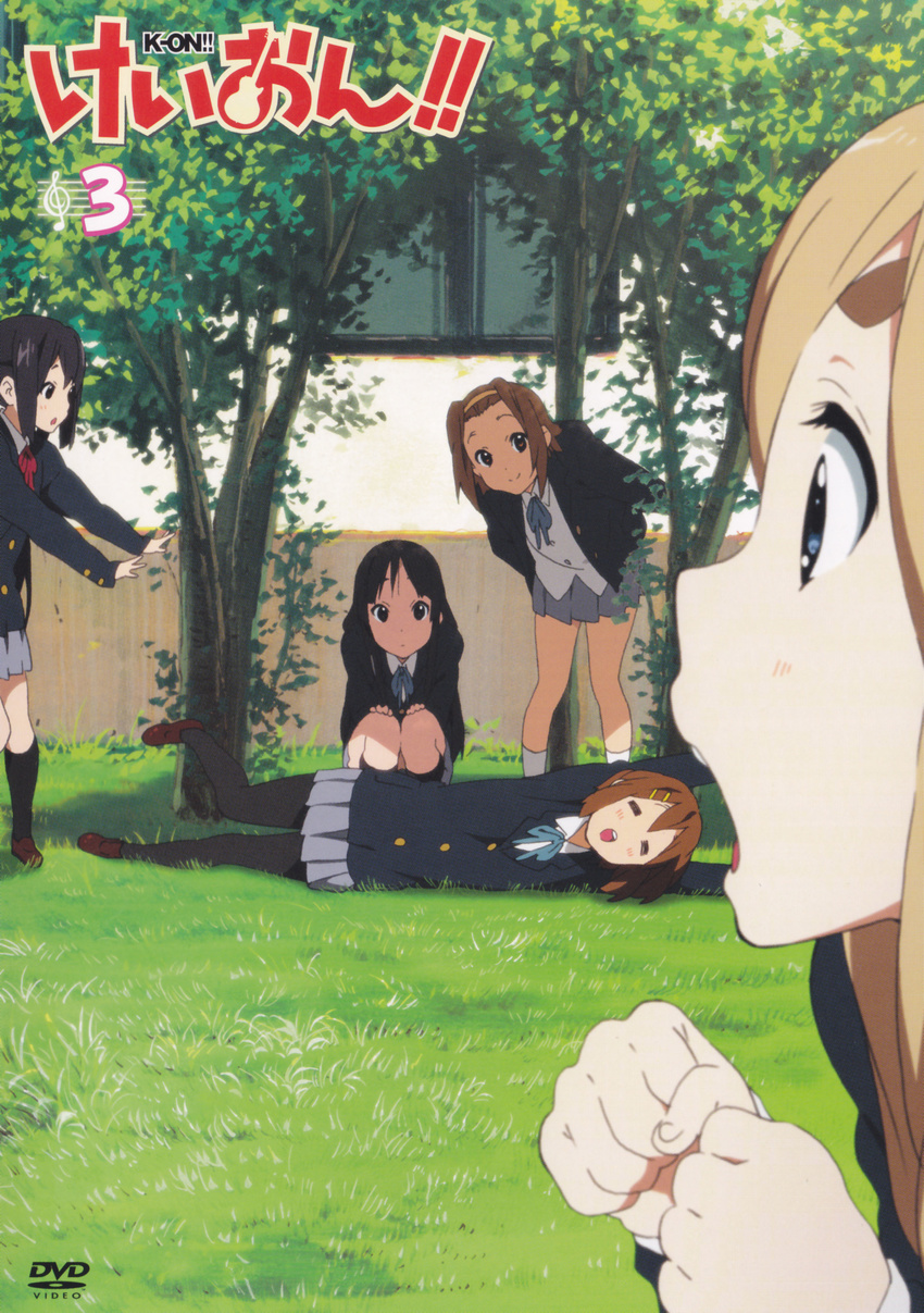 =_= absurdres akiyama_mio artist_request black_hair blonde_hair blush brown_hair closed_eyes copyright_name cover dvd_cover everyone eyebrows forced_perspective hairband highres hirasawa_yui k-on! kneehighs kotobuki_tsumugi leaning_forward multiple_girls nakano_azusa official_art open_mouth pantyhose perspective pleated_skirt profile school_uniform shade skirt smile socks source_request squatting tainaka_ritsu thick_eyebrows