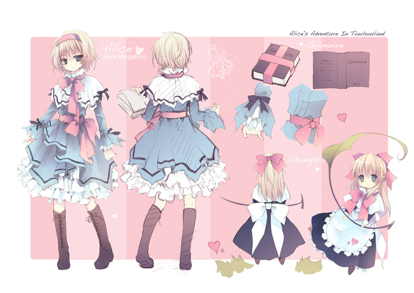 alice_in_wonderland alice_margatroid alternate_costume blonde_hair blue_eyes blue_hallelujah book boots bow capelet character_name character_sheet crossover doll dress grimoire grimoire_of_alice hair_bow hairband heart multiple_views shanghai_doll touhou turnaround